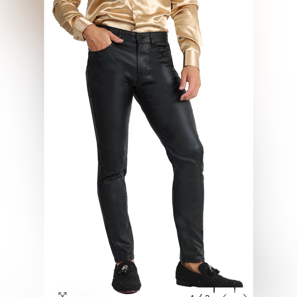 BARABAS Men's  Handcrafted Black  Flex Fit Metallic  Skinny Pants Size W30